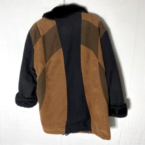Vintage Luba Brown Black Faux Suede Colour Block Coat W Faux Fur Trim XL - Picture 2 of 16